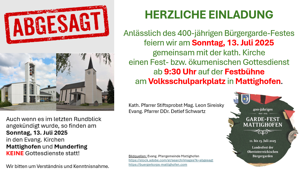 Am Sonntag 13.7.2025 findet kein klassischer Gottesdienst statt - Festgottesdienst 